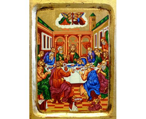 Russian School (Late 20th century): The Last Supper, reproduction Orthodox icon, tempera and gilt on panel 24cm x 18cm - Cond