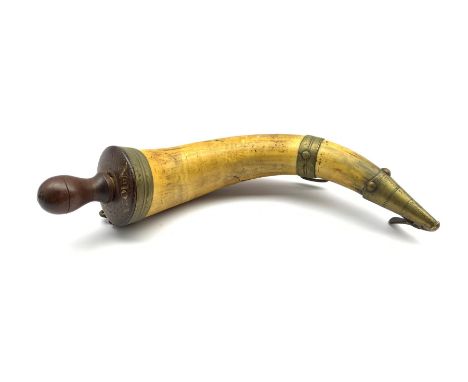 19th century horn powder flask with metal mounts inscribed 'Honble. East India Compy Pattern Powder Horn for Shipping E Baker