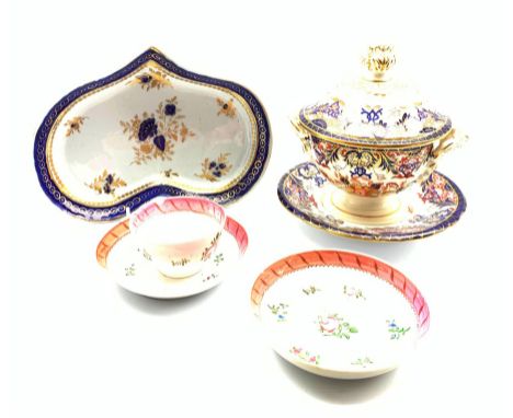 18th century kidney shaped dish, probably Caughley Salopian, Derby Kings pattern tureen and stand circa 1820 and an 18th cent