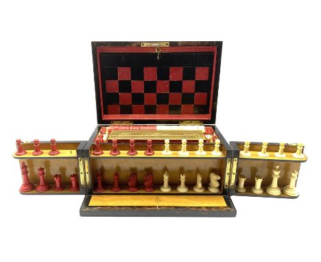 Victorian coromandel Games Compendium containing folding Chess &amp; Backgammon board, red stained &amp; natural Chess, Draug