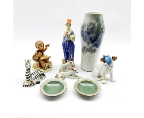 Royal Doulton figure Derrick HN1398 (a/f), Royal Copenhagen vase no. 1845/232 and a pair of crackle glazed pin dishes, Hummel