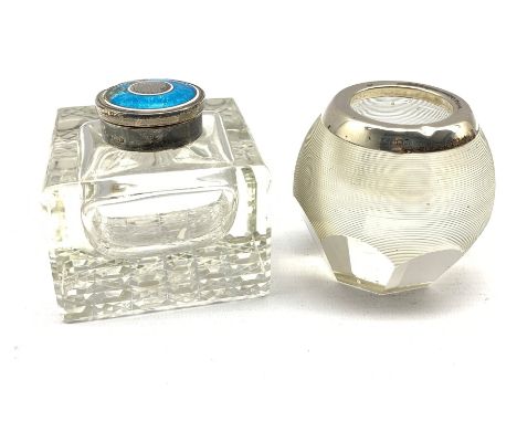 Edwardian square glass inkwell with silver and guilloche enamel lid, Birmingham, 1910 together with an early 20th century gla