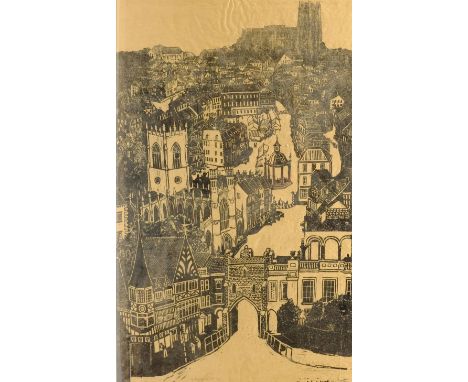 English School (20th century): Bird's Eye View of Beverley, monochrome lithograph indistinctly signed and dated 1976 in penci