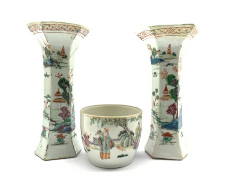 Chinese Republic porcelain cup decorated with figures in garden, red seal to base H7.5cm and a pair of 18th century Chinese f