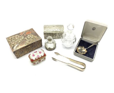 George IV silver sugar tongs by John Zeigler, Edinburgh 1813, Art Nouveau design silver tea strainer, porcelain trinket box, 