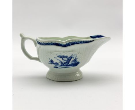 Small Worcester Fisherman and Billboard Island pattern strap fluted sauce boat, painted in blue with two Chinese scenes in th