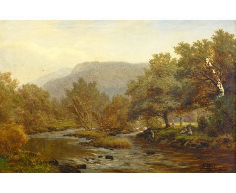 James Elliot (British fl.1882-1897): Children Playing by the River, oil on canvas signed and dated 1880, 50cm x 75cm - Condit