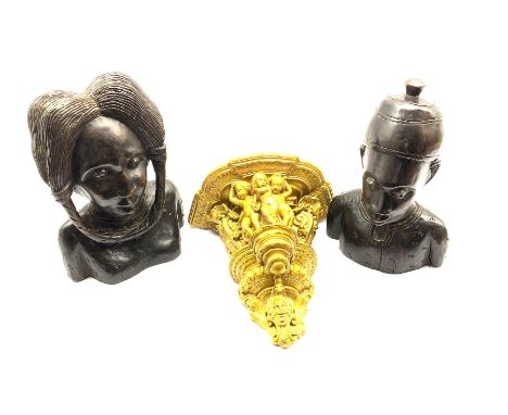 Pair of African carved ebony male and female heads H33cm and a painted plaster wall bracket W30cm  - Condition Report 