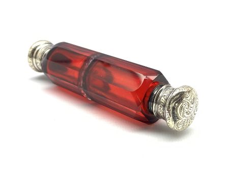 Victorian silver-mounted ruby glass double-scent bottle, L12cm  - Condition Report 