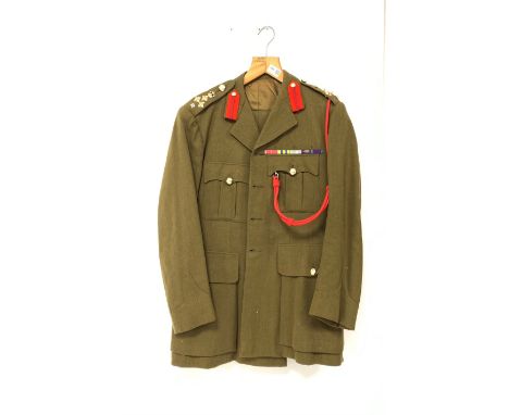 Modern British Army No 2 Dress uniform made up of tunic and trousers with medal ribbons for MBE, Korea War Medal and UN Korea