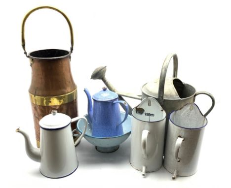 Brass and copper churn shape container with swing handle H41cm, two French enamel wall hung water pourers, three other enamel