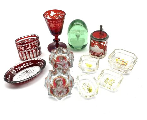 Pair of early 19th century Bohemian clear glass salts with portrait miniatures on ruby glass and gilt ground, four Heinrich H