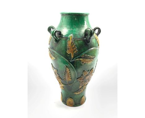 Chinese provincial wine vessel with ring handles, yellow leaves on a green ground H37cm - Condition Report 