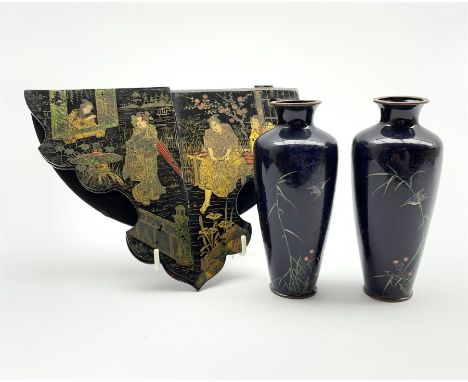 Pair of Japanese Cloisonne vases decorated with birds amongst foliage H16cm together with a Japanese black lacquer folding wa