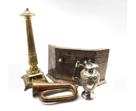19th century embossed copper Tidy Betty, Victorian plated claret jug, moulded brass lamp base together with a copper hunting 