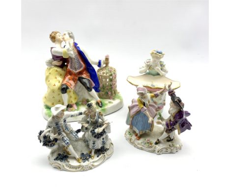 Meissen figural sweetmeat dish formed as a seated lady, H16cm, Sitzendorf porcelain figure group of dancing courtiers, anothe
