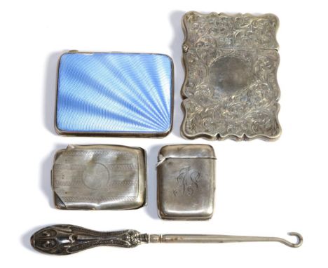A blue enamel cigarette case; a silver card case; and three other silver items (5) 