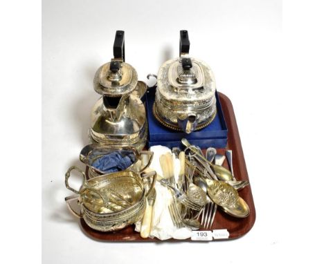 A silver plated four piece tea-service; a plated coaster; and assorted plated cutlery (one tray) 