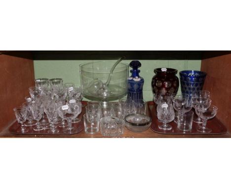 A glass cylindrical punch bowl with ladle and twelve cups; together with two Bohemian vases and a decanter; also an assortmen