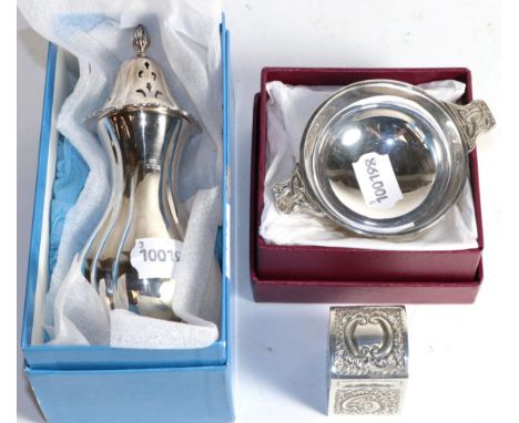 A silver sugar caster, John Rose, Birmingham 1964, in a Garrard box; a repousse decorated miniature playing card box, J&amp; 