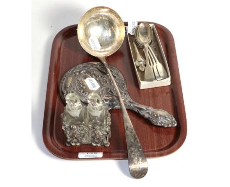 Silver to include a Georgian soup ladle, a Newcastle teaspoon, a set of five teaspoons, silver backed hand mirror, butter kni