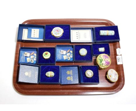 Halcyon Days enamel trinket boxes and thimble; together with another trinket box by Objets d'Art (9)