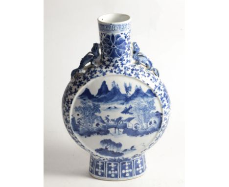 A 19th century Chinese blue and white moon flask, landscape vignettes, 31cm high