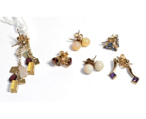 Five pairs of 9 carat gold earrings including two pairs of drop earrings, three pairs of gem set stud earrings; and another p