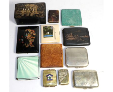 A group of cigarette cases including silver and enamel, Japanese burr walnut, faux shagreen etc 