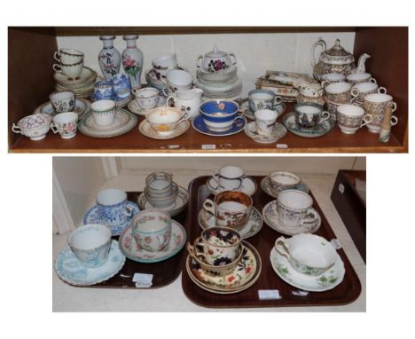 18th century and later tea wares, a pair of modern Chinese vases etc (one shelf and two trays)