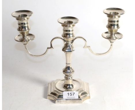 A silver three light candelabrum, Barker Ellis Silver Co, Birmingham 1971, in the 18th Century taste, detachable sconces, fil