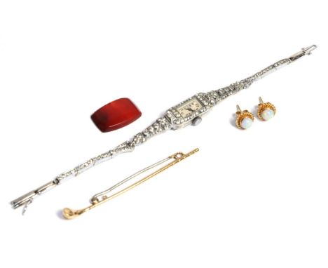 A pair of opal stud earrings, stamped '9' '.375'; golf club tie pin, stamped '15CT'; seed pearl earrings; a silver paste set 