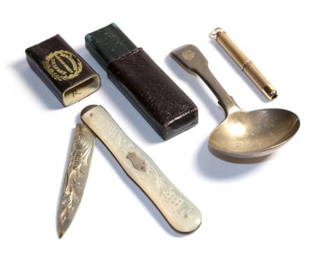 A 9ct gold toothpick, Sheffield, 2001; a Victorian silver and mother-of-pearl fruit-knife, in original leather case, retailed
