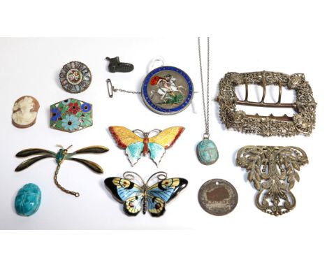 Decorative jewellery and items including a cameo, dragonfly brooch, enamel butterfly brooch impressed 'TM' '930', George and 