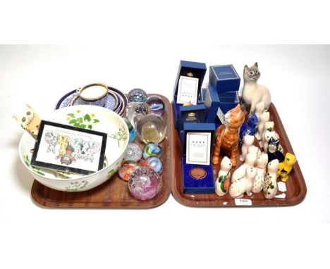 Wemys cats by Griselda Hill pottery; halcyon days trinket boxes; various glass paperweights; Royal Worcester tea wares; and a