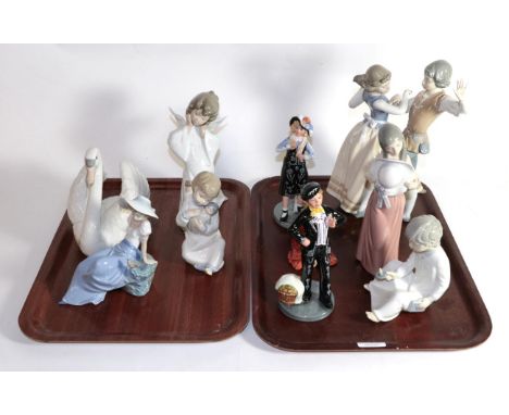 Four Lladro figures; three Spanish figures; and three Royal Doulton figures (10) (two trays)