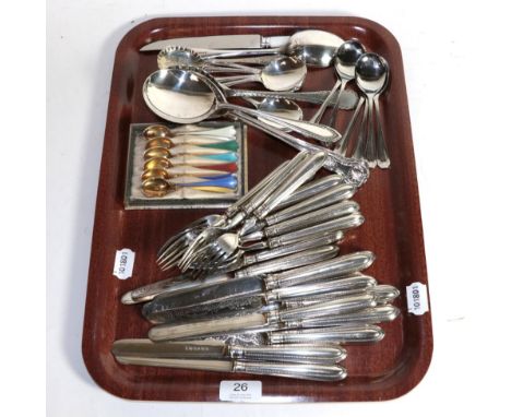 A set of eight Norwegian silver gilt and enamel coffee spoons; together with twelve pairs of Victorian electroplated bead edg