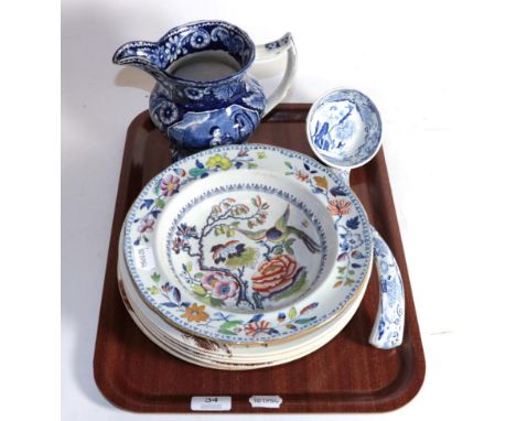 Blue and white jug; ladle etc