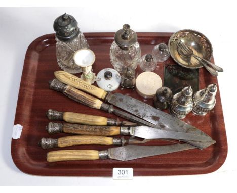 Silver and other items to include: a set of silver mounted and antler handled carving knives and forks, Sheffield 1886; a car