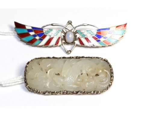 An Egyptian Revival enamel and synthetic opal brooch, stamped '800', length 7cm, in a Harrods box; and a hardstone brooch, le