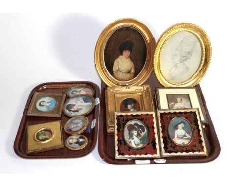 A group of 20th century portraits and portrait miniatures including bone and faux ivory piano key miniatures, a pair within f