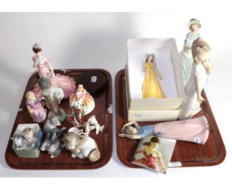 Three Royal Doulton figures; Nao figures; Royal Crown Derby cat paperweight etc (two trays)