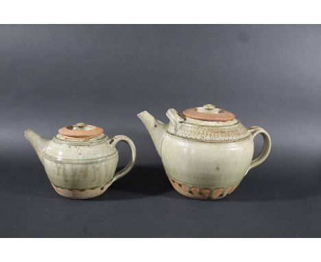 RICHARD BATTERHAM - LARGE STUDIO POTTERY TEAPOT an unusually large stoneware teapot, with a celadon ash glaze and two loop ha