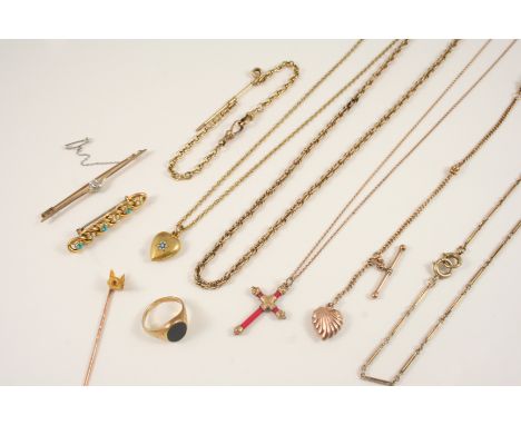 A QUANTITY OF JEWELLERY including a gold fox mask stick pin, with ruby eyes, a gold, turquoise and pearl set brooch, a 15ct. 