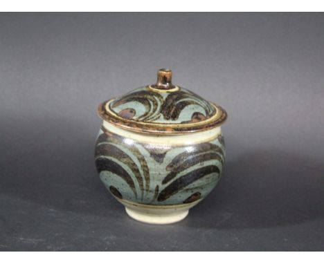 BERNARD LEACH - ST IVES PORCELAIN LIDDED JAM POT a porcelain lidded jam pot, with painted decoration to the central band of t