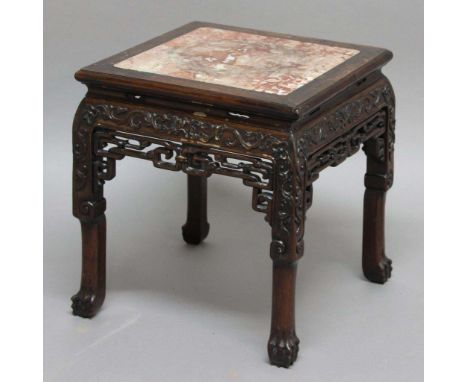 CHINESE ROSEWOOD AND MARBLE INSET STAND OR TABLE, the square top with rose marble panel above scrolling floral decoration and