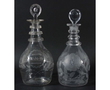 MALLET SHAPED GLASS DECANTER AND STOPPER, circa 1800, engraved with a three masted ship and the initials WMB verso, height 27