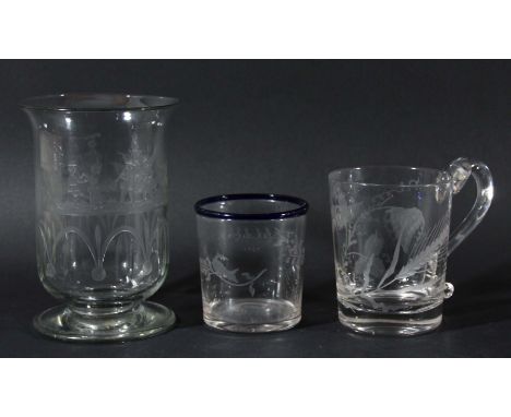 GLASS VASE, late 18th or early 19th century, possibly Dutch, engraved with a farmer with tools to one side and with a couple 
