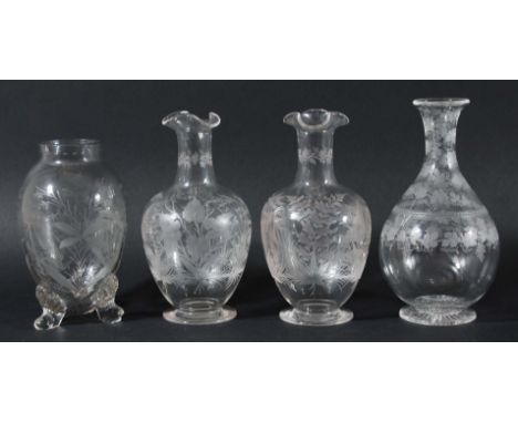 PAIR OF STOURBRIDGE GLASS VASES, the trefoil mouth above an ovoid body and spreading foot,  engraved with spider's webs among