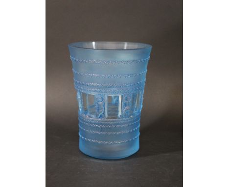 LALIQUE VASE - FLORENCE a blue stained frosted and clear glass vase in the Florence design, with Cherub figures around the ce